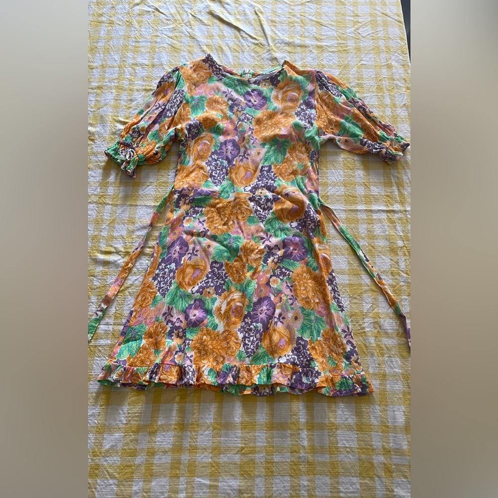 Faithfull the Brand | Orange and Purple Floral Mini Dress with Puff Sleeve